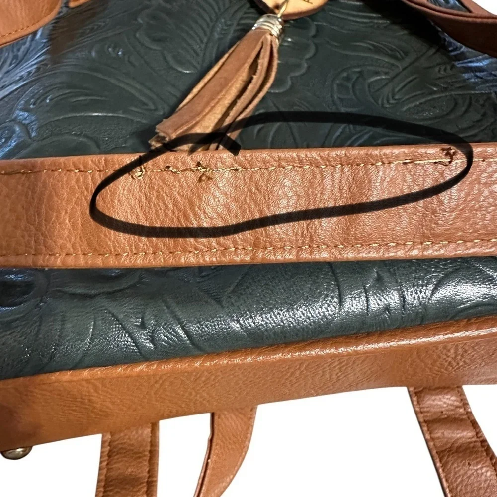 I Love Artesanal Embossed Faux Leather Backpack Forrest Green W Heart & Tassel